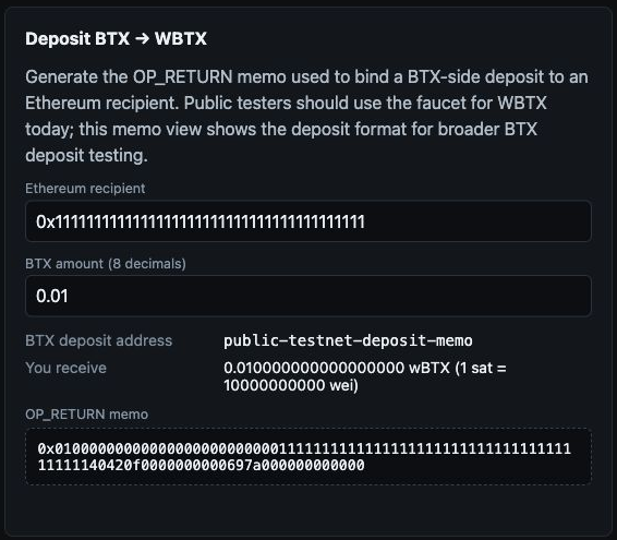BTX deposit memo panel with recipient, amount, and OP_RETURN memo